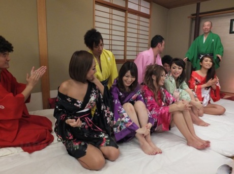 Asian nympho with nice tits Hikari and her friends share dongs in an orgy